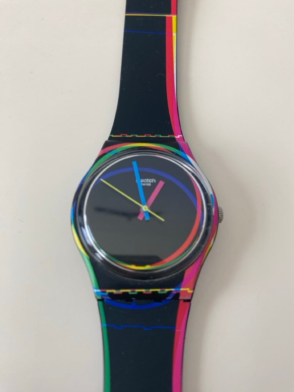 Swatch Originals Black Neon Stripes 34mm Swiss Quartz Watch Unisex Statement